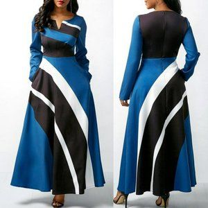 Imperfect Maxi Color block dress v neck long sleeve with Pockets size XL